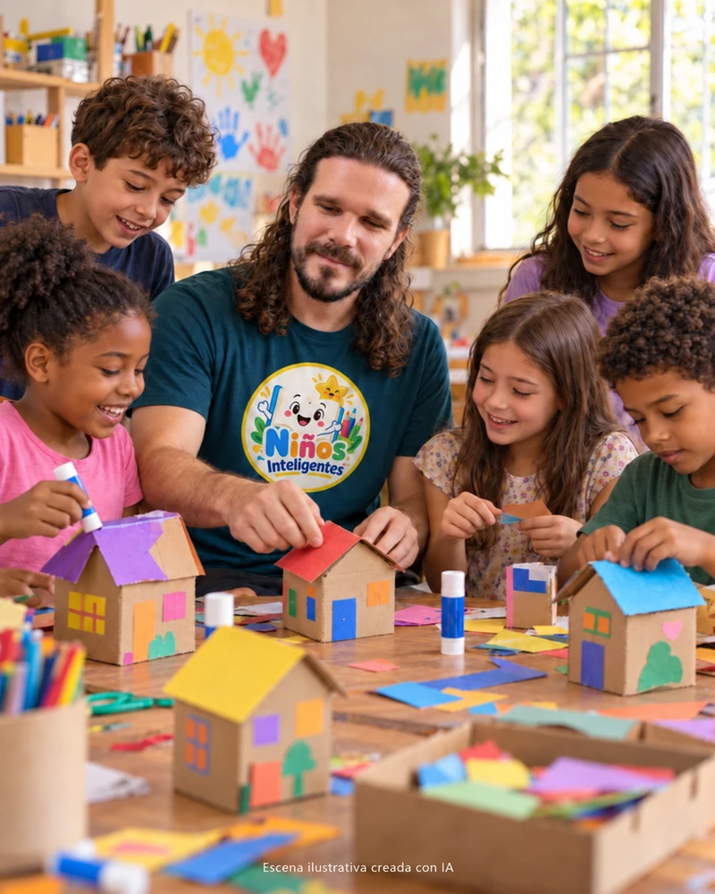 Escena ilustrativa creada con IA: un adulto y niños creando casitas de cartón en el Proyecto Niños Inteligentes.